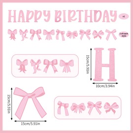 Gosknor Pink Bow Happy Birthday Banner, Coquette Birthday Decorations with Hanging Swirls Pink Bow Garland Banner Girls Baby Shower Decorations for Girls Baby Shower Party Decor