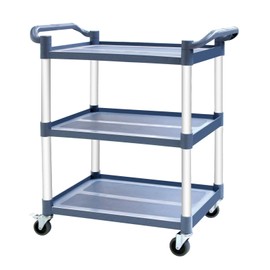 MAYNIYJK Utility Carts with Wheels, 3-Tier Restaurant Cart, Heavy Duty Rolling Cart Food Service Cart 420lbs, Plastic Bus Cart with Lockable Wheels and Rubber Hammer for Warehouse/Office/Kitchen, Grey