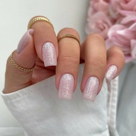 24Pcs Square False Nails - Glitter Grey Pink Tip Press On Nails - Removable Glue On Nails - Acrylic Full Cover Artificial Stick On Nail for Women & Girls