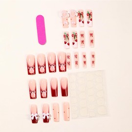 BQZQPAMZ 24pcs Red White Press On Nails Square Long With Bow Pearl Heart-Shaped Nail Charms Design Fake Nails Spring Full Coverage Acrylic Nails Suitable for Women DIY Nail Art Gifts