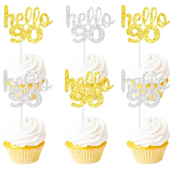 18PCS Hello 90th Cupcake Topper Picks for Happy Birthday Party Cheer to 90 Years Old Theme Party Decoration Supplies Celebrating Anniversary Gold silver Glitter