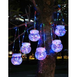 Solar Lantern Solar Lights Outdoor Waterproof 6-Pack, Solar Powered Hanging Lights Cracked Glass Hanging Globes for Christmas Decoration, Shepherd Hook, Garden Tree Ornaments,White Cap, Multi-Color