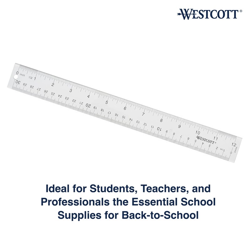 Westcott Acrylic Clear Ruler, Easy-to-Read Markings, Scratch-Resistant Design, Raised Beveled