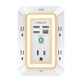 3-Sided Outlet Extender with Night Light - QINLIANF Multi Plug Outlet with 5 Outlets and 4 USB Ports(1 USB-C), USB Wall Charger for Home, Office, Travel, ETL Listed, White