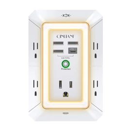 3-Sided Outlet Extender with Night Light - QINLIANF Multi Plug Outlet with 5 Outlets and 4 USB Ports(1 USB-C), USB Wall Charger for Home, Office, Travel, ETL Listed, White