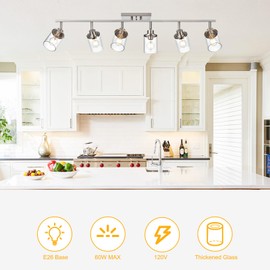 Yaohong Track Lighting Kit, 6-Light Brushed Nickel Ceiling Light Fixtures with Flexibly Rotatable Light Head Modern Complete Track Lighting Kits with Clear Glass Shade for Kitchen Dining Room Hallway
