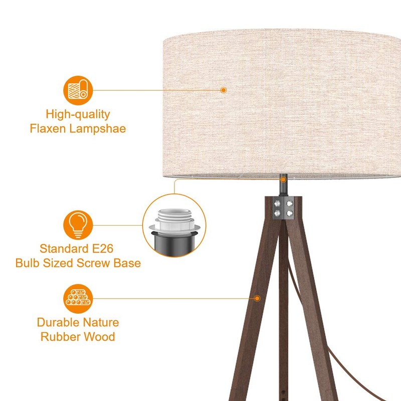 LEPOWER Wood Floor Lamp Tripod, Mid Century Lamps for Living
