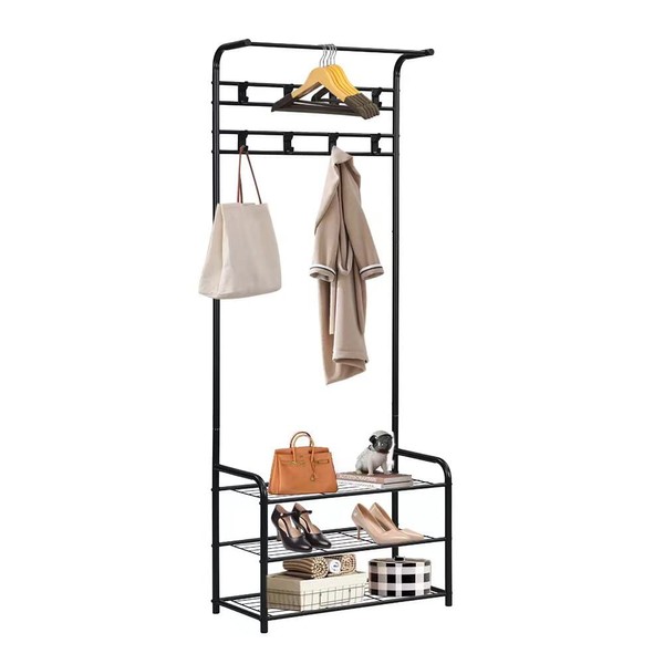 Panana 3 Tier Shelves Metal Coat Rack Stand with Shoe Storage Hallway Furniture 8 Hooks (Black)