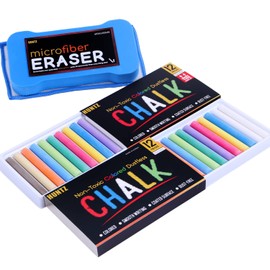 Huntz Dustless Chalk With Microfiber Eraser (Washable & Reusable) (12 White Chalks + 12 Colored Chalks + Eraser)