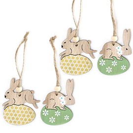 By Robelli Pack of 4 Wooden Green & Yellow Easter Egg Bunny Hanging Decorations…