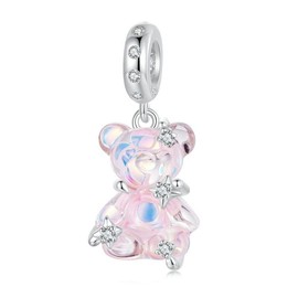 Charm Outlet Crystal Bear Pendant Charm - 925 Sterling Silver, Pink, Green, Blue, Yellow, Rose Red, Iridescent with Silver Accents (Pink)