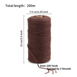 Macrame Cord, POZEAN 2mm x 220 Yards (About 200m) Colored Macrame Rope, 100% Natural Cotton Rope for Wall Hanging,Plant Hangers,DIY Crafts Knitting,Christmas Wedding Decorative Projects(Brownness)