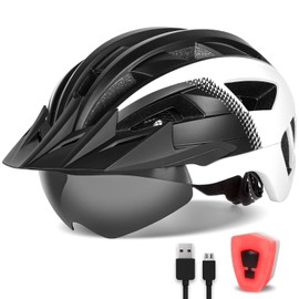 FUNWICT Adult Bike Helmet with Visor and Goggles for Men Women Mountain Road Bicycle Helmet Rechargeable Rear Light Cycling Helmet (XL: 59-63 cm (23.2-24.8 inches), Black White)