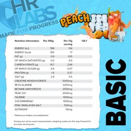 HR Labs Basic, Things we do Daily Creatine and Electrolytes Pre/Intra Workout, Beta Alanine & Betain Hydrous Hydration Formula, 510g & 30 Servings, Vegan (Peach Ice Tea)