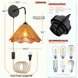 tebio Plug in Wall Sconces Set of Two,Handwoven Boho Wall Decor, Plug in Wall Light with Switch for Farmhouse,Indoor, Living Room, Bedroom (Bulb Not Included) 11 X 8 Inch