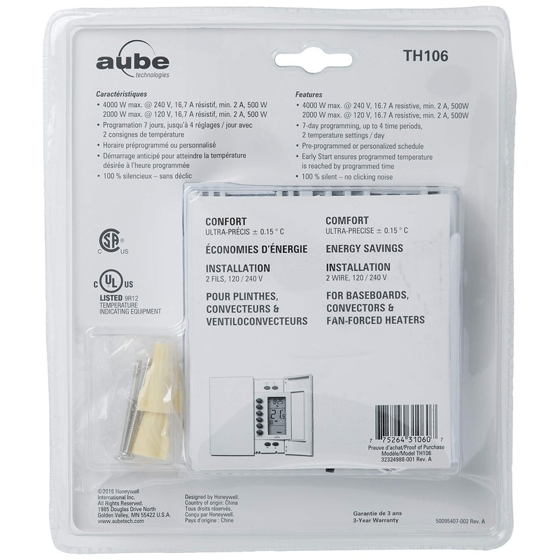 Aube by Honeywell Home TH106 Electric Heating 7-Day Programmable Thermostat