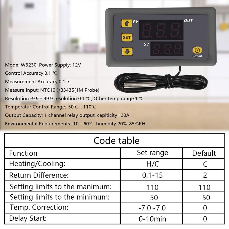 W3230 DC 12V 20A LED Digital Temperature Controller Thermostat Thermometer