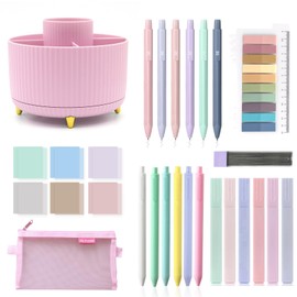 QpenguinBabies Aesthetic School Supplies 360° Rotating Pencil Holder Highlighter Ballpoint Pen Mechanical Pencil Sticky Notes Tabs Pencil Case for Office School and Home (Pink)