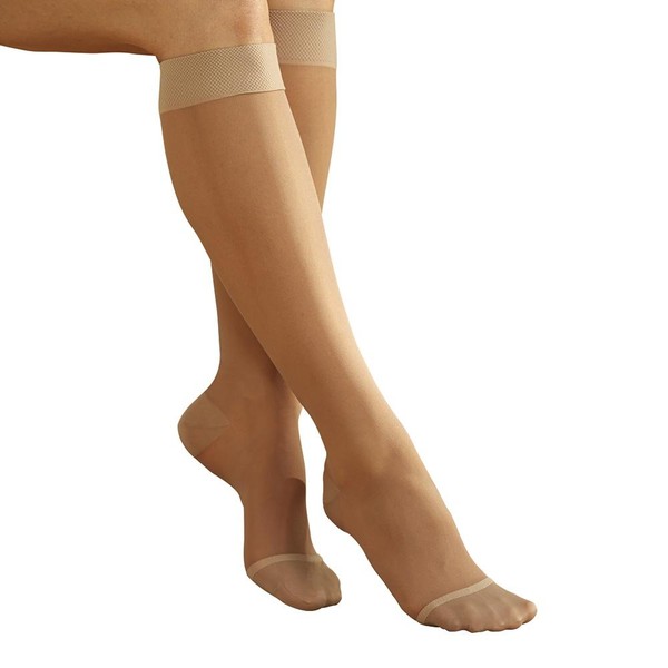 Women's Full Calf Firm Compression Sheer Knee High Therapeutic Stockings - Beige - Large