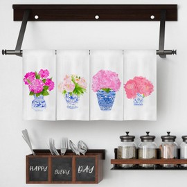 GCFET Chinoiserie Vase Dish Towels Set - Chinoiserie Waffle Weave Kitchen Towels, Chinoiserie Tea Towels Hand Towels for Bathroom, Blue and White Decor for Kitchen Bathroom (16×24 Inches Set of 4)