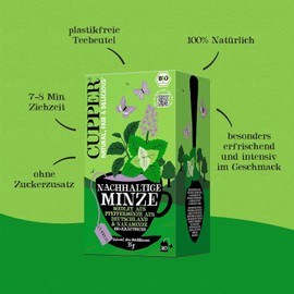 Cupper Bio-Kräutertee Nachhaltige Minze, Ohne Süßholz, 20 ungebleichte Teebeutel, umweltfreundlich, fair gehandelt