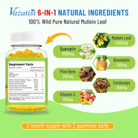 Mullein Gummies, Mullein Leaf Extract with Bromelain, Quercetin, Pine Bark Support Lung Cleanse for Healthy Breathing, 120ct