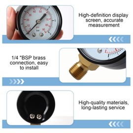 Coalwop Water Pressure Gauge 0-6 Bar with Brass Connector 1/4" BSP - Heavy Duty Pressure Gauge with Bottom Bracket for Compressors and Hydraulic Applications