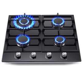 Gas Stove Top 24 Inch, Amzgachfktch Built-in Gas Cooktop 4 Burner, Black Tempered Glass Gas Range with NG/LPG Conversion Kit, Kitchen Propane Cooktop with Thermocouple Protection