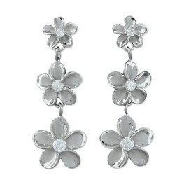 Rhodium Plated Sterling Silver Three Plumeria Dangle Earrings