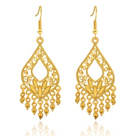 Gold Filigree Earrings-14K Gold Plated Dangle Earrings for Women Boho Earrings Indian Jewelry Long Chandelier Earrings for Women Big Gold Indian Earrings for Women Trendy