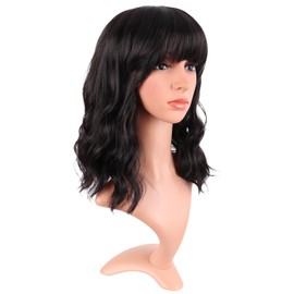 MapofBeauty 14 Inch/35 cm Short Wavy Curly Women Fresh Bright Synthetic Ordinary Flat Bangs Bob Wig (Black Brown)