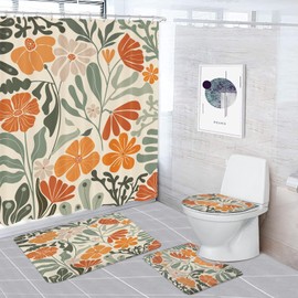 Miyotaa 4PC Retro Flower Matisse Shower Curtain Set 71Wx71H Inches Abstract Groovy 70s Funky Trendy Sage Green Orange Bathroom Decor Accessories with with Rugs Toilet Lid Cover Bath Mat