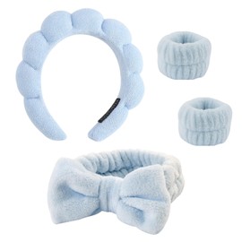 HYHP Headband and Wristband Set, Spa Headband Puffy Headband Wristband for Face Washing, Shower, Skin Care and Makeup Removal (blue, free size)