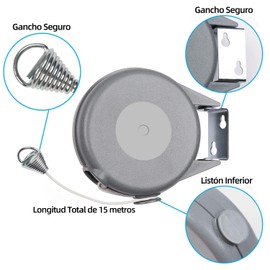 Summala Tendedero Retráctil, Tendedero para Exteriores e Interiores, Ajustable de 15 Metros, Tendedero Retráctil con 6 Clips para Balcón, Patio, Camping, Fácil Instalación (Gris)