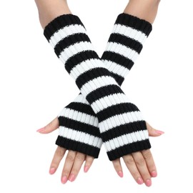 Y2k Striped Arm Warmers Long Fingerless Knitted Gloves Punk Gothic Alt Emo Scene Cool Winter Arm Sleeves Grunge Accessories (Black,One Size)