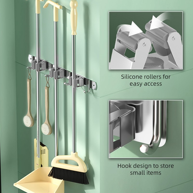 2pcs 304 Stainless Steel Broom Holder 3 Racks 4 Hooks