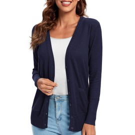 Urban CoCo Women's Lightweight Long Sleeve Knit Dressy Cardigan with Pockets Button Down Sweater Navy