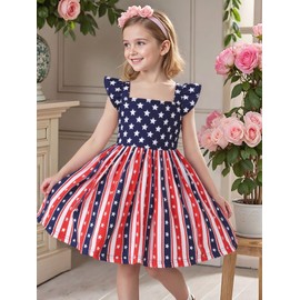 Popshion Girls Fourth of July Dress American Flag Outfit Kids Memorial Day Clothes Toddler Independence Day July 4th Patriotic Dresses 5-6 Years