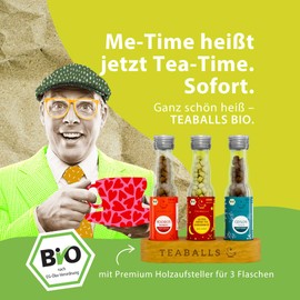 TEABALLS® 3-Piece Relax Organic Tea Set with Rooibos, Ceylon, Good Evening Soothing Teas, with Wooden Stand, Gift Set, for Making Approx. 90–225 Cups of Hot Tea, without Sugar, 100% Plant Origin