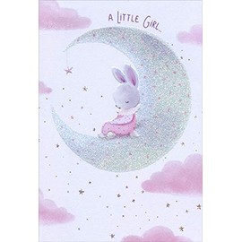 Pink Bunny On Moon Sanja Rescek New Baby Girl Congratulations Card