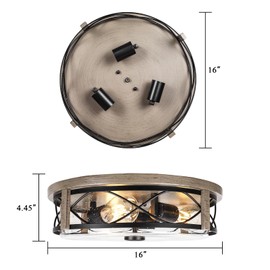 16 Inch Farmhouse Flush Mount Ceiling Light With Seeded Glass, 3-Light Wood Grain Round Lamp, Modern Large Indoor Outdoor Lighting for Kitchen Bedroom Living Dining Room