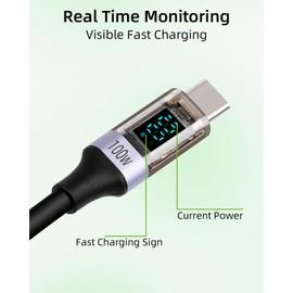 YANBORONSN PD 100W 2 in 1 USB A to USB C Coiled Fast Charging Cable with LED Display,Support Wattage for Tablet PC,Phones