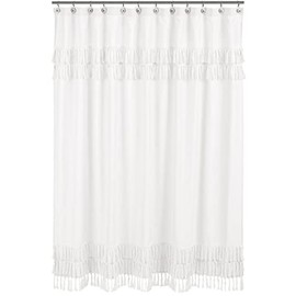 Sweet Jojo Designs White Boho Bohemian Bathroom Fabric Bath Shower Curtain - Solid Color Shabby Chic Luxurious Luxury Elegant Vintage Designer Boutique Tassel Fringe