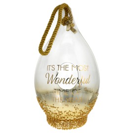 Pavilion - It's The Most Wonderful Time of The Year - 14.5" Hand Blown Glass Gold Beaded Rope Lantern LED Candle Holder Winter-Themed Terrarium Holder Holiday Christmas Winter Wonderland Decor