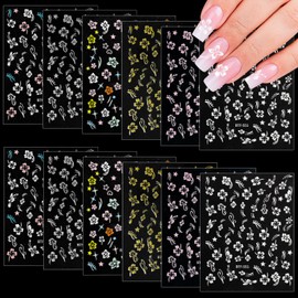 12 Sheets Flower Nail Stickers Hibiscus Nail Decals 3D Self-Adhesive White Pink Gold Floral Pattern for Women Girls DIY Acrylic Nail Manicure Decoration