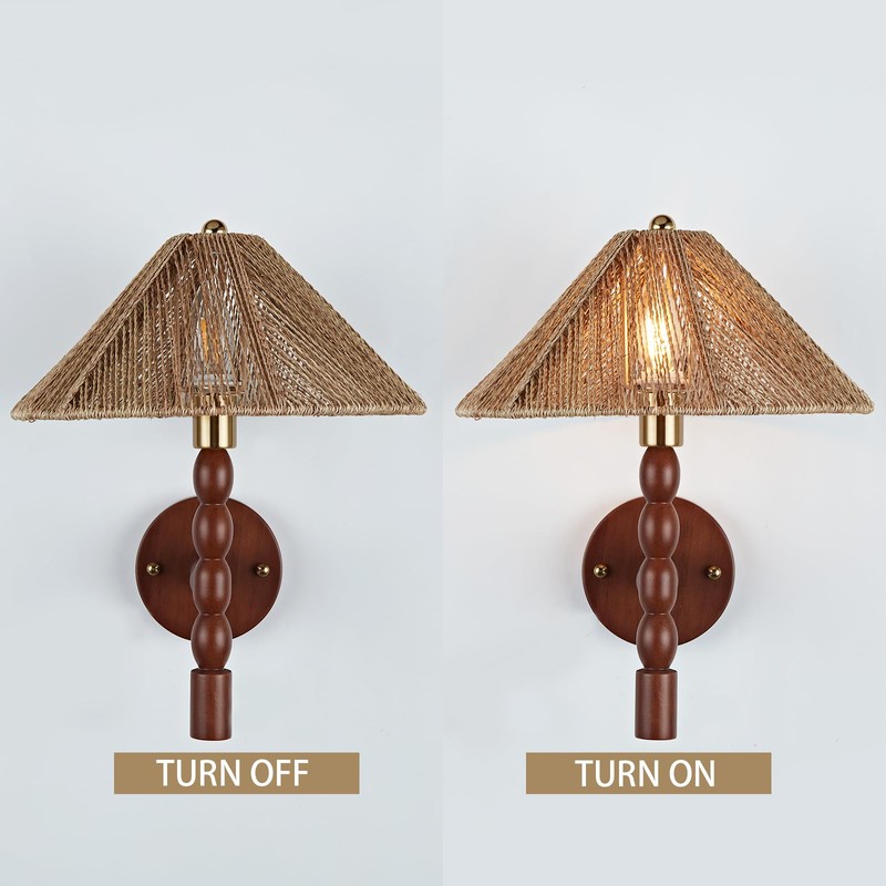 Boho Hand-Woven Rattan Wall Sconce, 11 Inch Rustic Wall Sconce