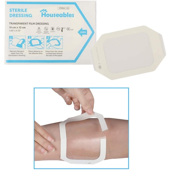 Houseables Transparent Dressing, Waterproof Wound Seal, 4”x 5”, 50 Pack, Clear, Film, Shower Shield Dressings, Large Bandages, Surgical, for Tattoo Protection, Wounds, Dialysis Catheter Shields