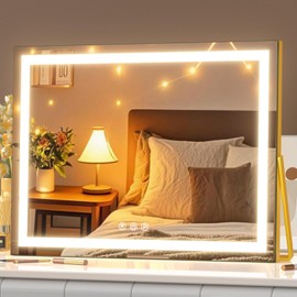 Gvnkvn Vanity Mirror with Lights, 15"× 11" LED Makeup Mirror, Lighted Makeup Mirror with Lights, Smart Touch Control Dimmable 3 Modes Light 360°Rotation Gold