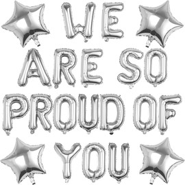 Pargleev We Are So Proud Of You Balloons with Star Hanging Foil Balloons Letter for 2024 Grad Graduation Retirement Party Decorations Silver
