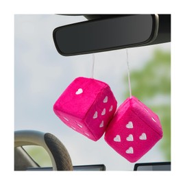 Gasedin 1 Pair Fuzzy Plush Dice for Car Mirror, 3'' Retro Square Dice with Heart-Shape, Plush Retro Dice Hanging Ornament, Universal Interior Hanging Dice Decor for Men Women (Rose Red)